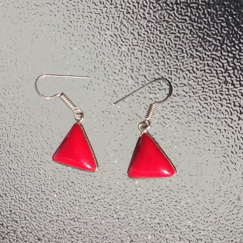 NWOT Red Coral Triangle Gemstone 925 Silver Dangle Designer Style Earrings 1.4"